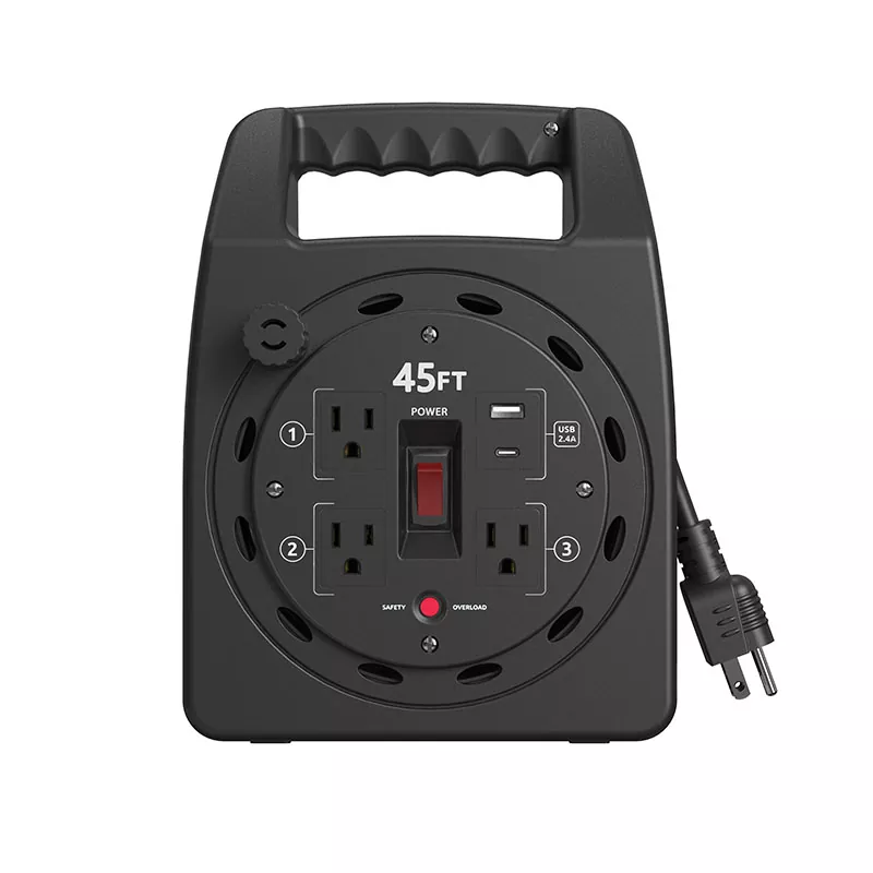 3 అవుట్‌లెట్‌లు Usb2.4a ఓవర్‌లోడ్ రక్షణతో 45 అడుగుల ప్లాస్టిక్ కార్డ్ రీల్